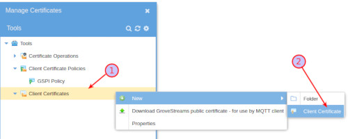 Managing MQTT Certificate Menu GroveStreams - MQTT Certificate Menu